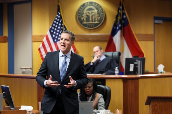 Gary Scott Hulsey, attorney for Barnes and Thornburg, delivers the opening statements on the plaintiff side representing the Nook restaurant against the Piedmont Park Conservancy at the courtroom of judge Scott McAfee in the Fulton County Courthouse on Tuesday in Atlanta. Jason Getz/AJC