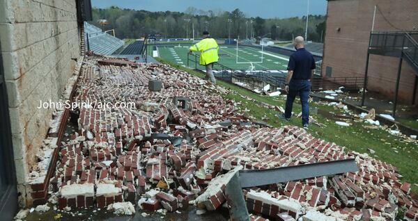 Storm damage at Newnan High School in Coweta County on Friday March 26, 2021. (John Spink / jspink@ajc.com)