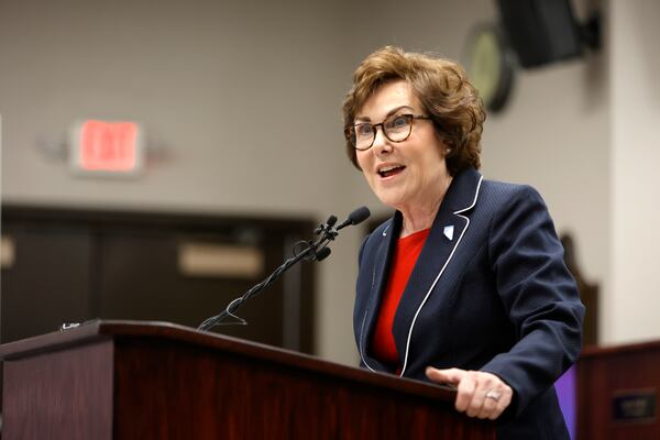 Sen. Jacky Rosen, D-Nev., gives a victory speech at the Teamsters Local 631 meeting hall Saturday, Nov. 9, 2024, in Las Vegas. (Steve Marcus/Las Vegas Sun via AP)