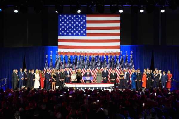 Republican Presidential nominee former President Donald Trump speaks at the Palm Beach County Convention Center during an election night watch party, Wednesday, Nov. 6, 2024, in West Palm Beach, Fla. (AP Photo/Lynne Sladky)