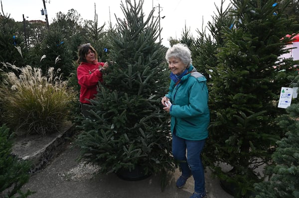 Lee Culpepper (right) smiles as Michelle Stell helps her choose a Christmas tree at Tradition Trees on Wednesday.