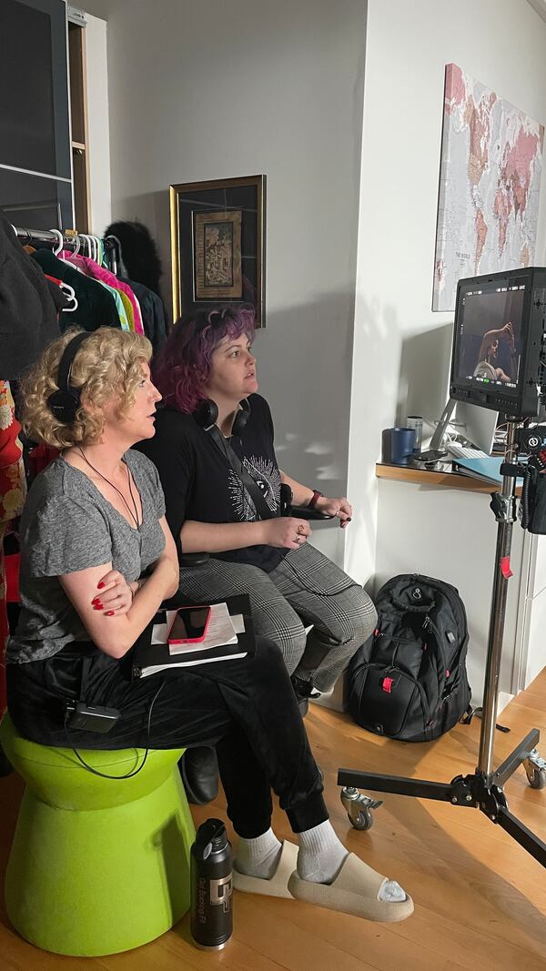 Co-Directors Leanna Adams, left, and Kristina Arjona on the set of “Christmas with Jerks.”