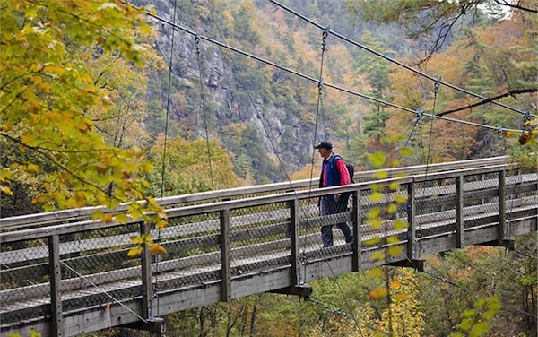 This suspension bridge sways 80 feet above ground at Tallulah Gorge State Park.