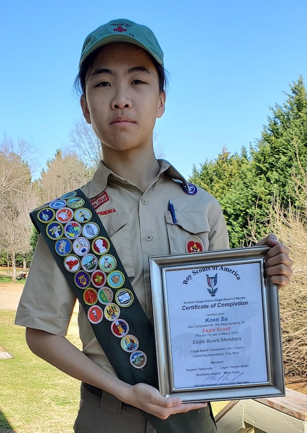 On March 7: Koen Su, of Troop 27, sponsored by the Johns Creek Christian Church, whose project was the design and construction of 2 planting beds for the Horticultural Therapy section of AG Rhodes passed the Board of Review to become an Eagle Scout.