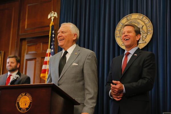 Then-Gov. Nathan Deal and Brian Kemp at a news conference in 2018. Kemp has followed in the footsteps of Gov. Nathan Deal by touting Georgia’s frequent ranking by “Site Selection” magazine as “the number one state to do business.” (Bob Andres/AJC)