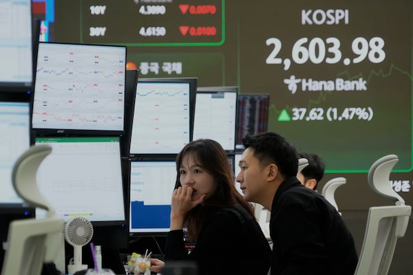 Currency traders watch monitors near a screen showing the Korea Composite Stock Price Index (KOSPI) at the foreign exchange dealing room of the KEB Hana Bank headquarters in Seoul, South Korea, Monday, March 17, 2025. (AP Photo/Ahn Young-joon)