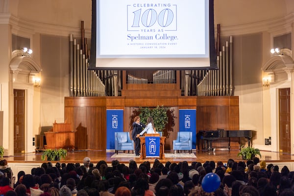 (L-R) Provost Pamela E. Scott-Johnson and student Zoe Shepard embrace at a ceremony announcing a $100 million gift at Spelman College in Atlanta on Thursday, January 18, 2024. It’s the largest single donation to any historically Black college or university. (Arvin Temkar / arvin.temkar@ajc.com)