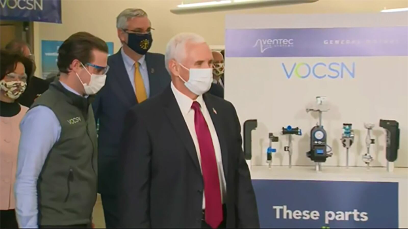 The vice-president’s appearance in the mask was first reported on Twitter by CBS News correspondent Mark Knoller, who included a photograph of Pence and other officials donning the facial coverings.