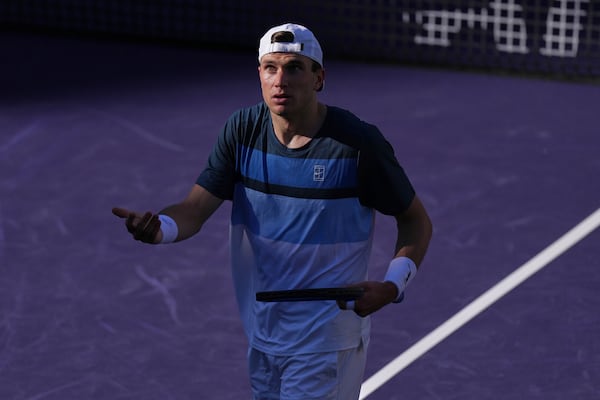 Jack Draper, of Great Britain, reacts to a call as he plays against Carlos Alcaraz, of Spain, during their semifinals match at the BNP Paribas Open tennis tournament Saturday, March 15, 2025, in Indian Wells, Calif. (AP Photo/Mark J. Terrill)