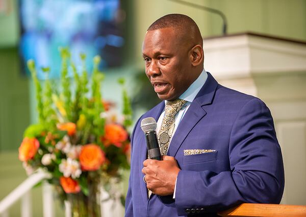 The Rev. Tony Lowden, pastor of Maranatha Baptist Church in Plains, Ga., speaks to visitors and members of the church on Sunday, May 19, 2019. Former President Jimmy Carter was scheduled to teach Sunday School today, but his recovery from a broken hip and surgery thwarted those plans. PHOTO BY BITA HONARVAR/AJC