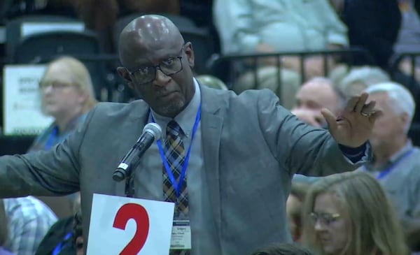 Rev. Dr. Gregory S. Williams, senior pastor at St. James in Alpharetta speaks to his congregation's decision to disaffiliate from the United Methodist Church at a special called session of the North Georgia Conference on Nov. 18, 2023.