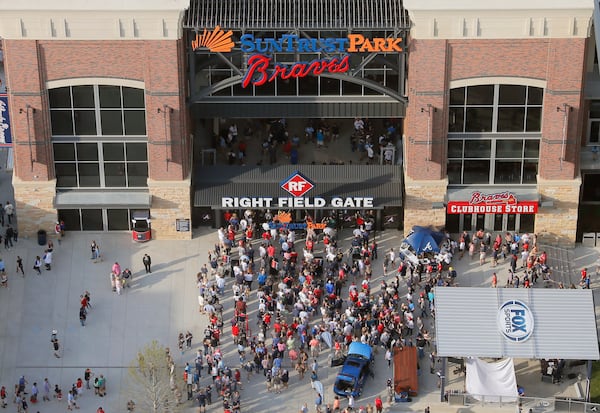 Note the SunTrust Park sign above the right-field gate in this 2017 file photo. That sign was removed Wednesday.