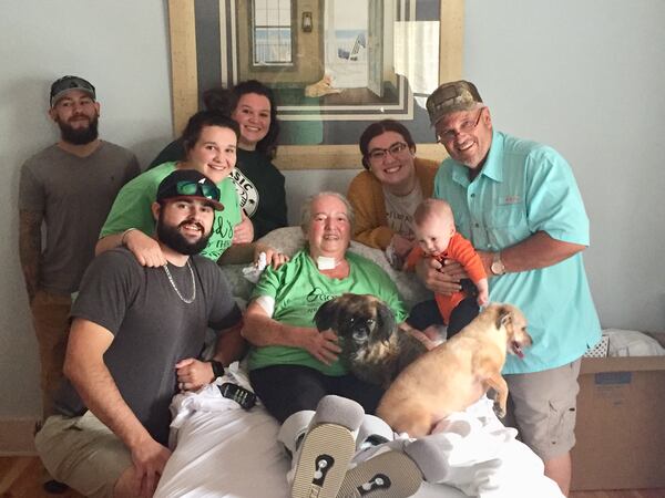 Rhonda Hudson came home from a long stay in the hospital and a rehab center on Oct. 31, 2020, and was surrounded by her family in Hortense. Pictured left to right: Logan, Tyler, Olivia, Mary, Elizabeth, Tim holding granddaughter Adeline. (Contributed)