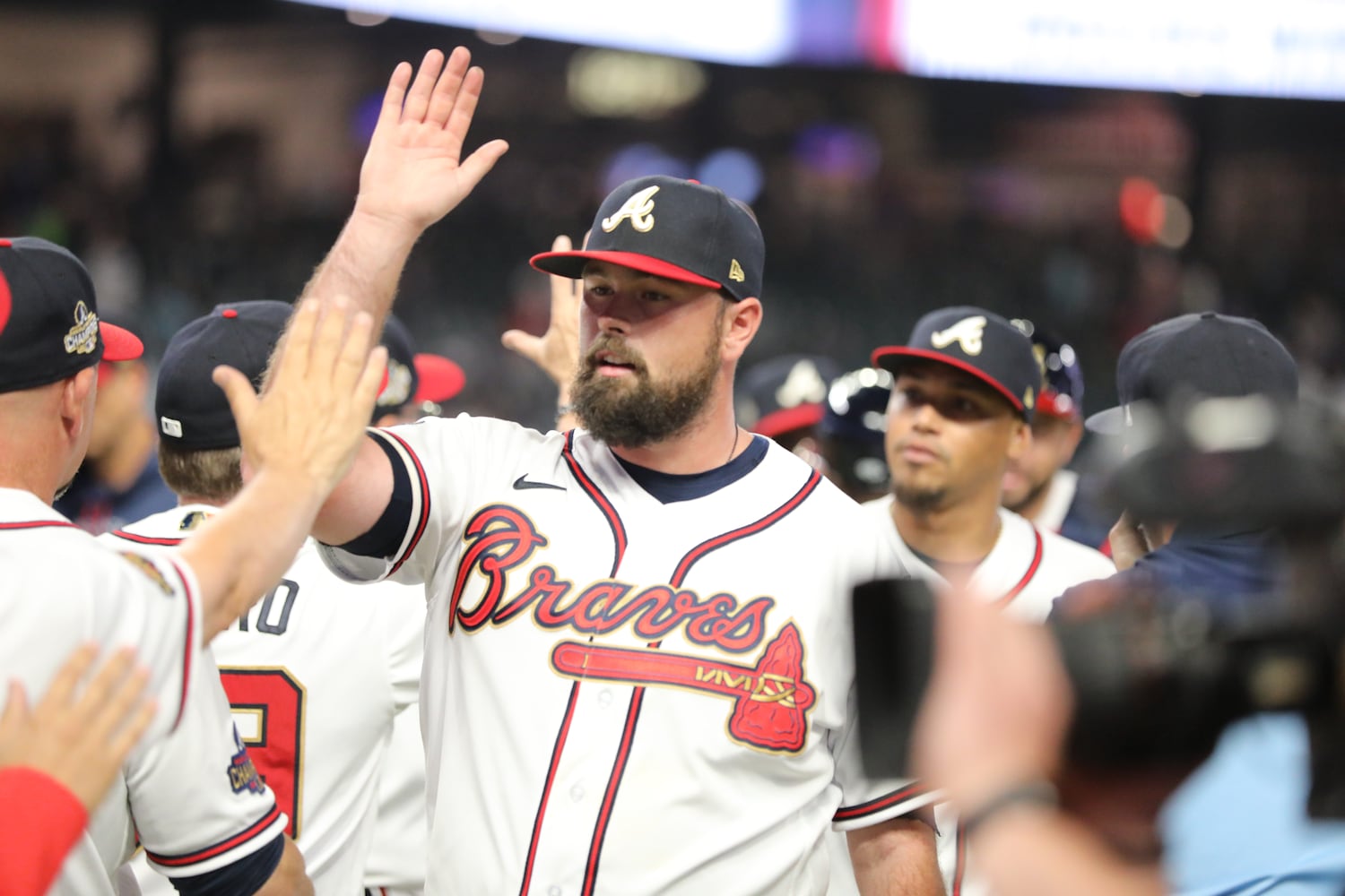 Atlanta Braves relief pitcher Jackson Stephens (53) celebrates the victory over the Washington Nationals 16-4 at Truist Park on Tuesday, April 12, 2022. Miguel Martinez/miguel.martinezjimenez@ajc.com