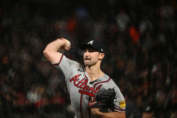 Atlanta Braves' pitcher Spencer Strider throws the ball run the seventh inning of a baseball game against the San Francisco Giants in San Francisco, Friday, Aug. 25, 2023. (AP Photo/Nic Coury)