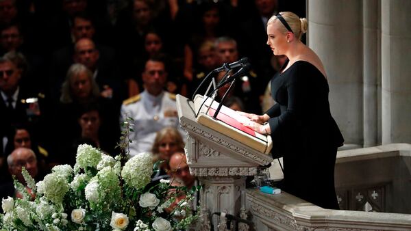 Meghan McCain speaks at a memorial services for her father Sen. John McCain, R-Ariz., at Washington National Cathedral in Washington, Saturday, Sept. 1, 2018. McCain died Aug. 25, from brain cancer at age 81. (AP Photo/Pablo Martinez Monsivais)