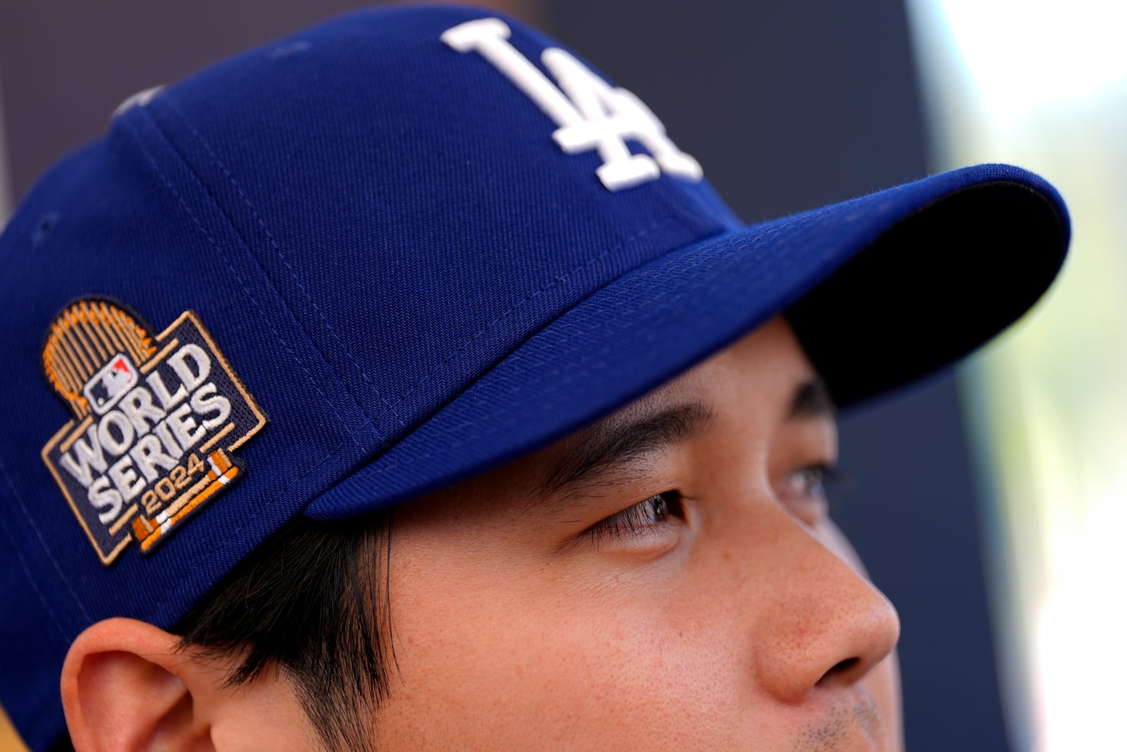 Los Angeles Dodgers' Shohei Ohtani speaks during media day for the baseball World Series against the New York Yankees, Thursday, Oct. 24, 2024, in Los Angeles. (AP Photo/Ashley Landis)