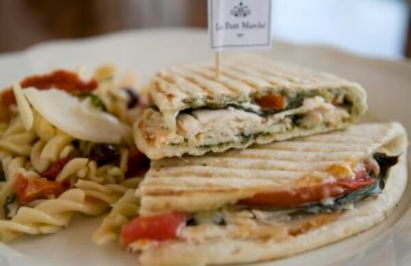 Le Petit Marché's sandwich options include basil chicken and pesto with an olive pasta salad.