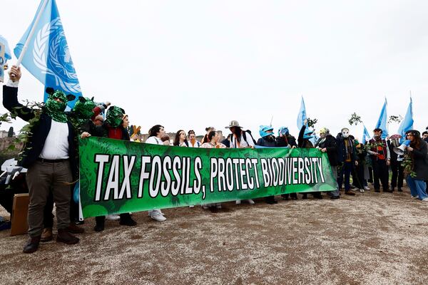 Climate demonstrators take part in a protest holding a sign that reads "tax fossils, protect biodiversity" as the COP16 biodiversity conference continues on Tuesday, Feb. 25, 2025, in Rome. (Cecilia Fabiano/LaPresse via AP)