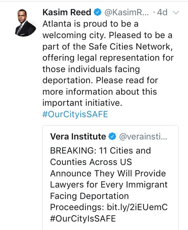 Hizzoner Kasim Reed went to Twitter to crow about the city’s love of immigrants.