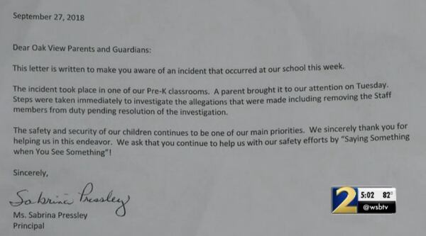 This letter was sent to Oak View Elementary School parents after two students' hands were allegedly zip-tied behind their backs. (Photo: Channel 2 Action News)