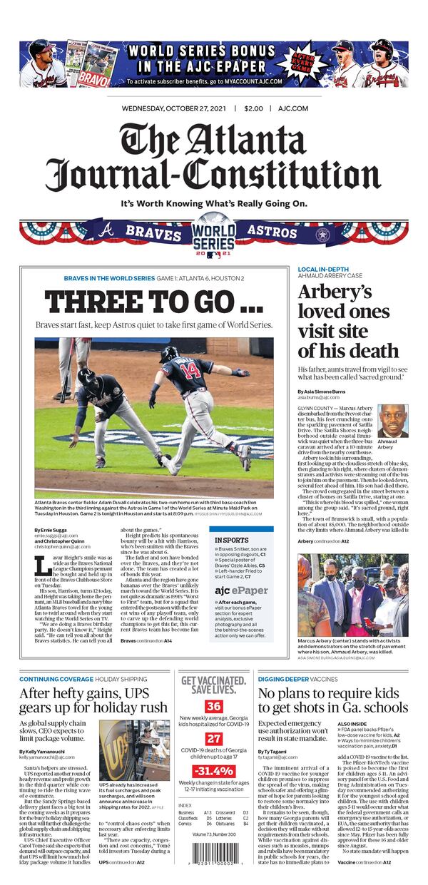 ‘Houston Rocket!’ – Atlanta Braves World Series section in Wednesday Atlanta Journal-Constitution ePaper - Oct. 27 2021