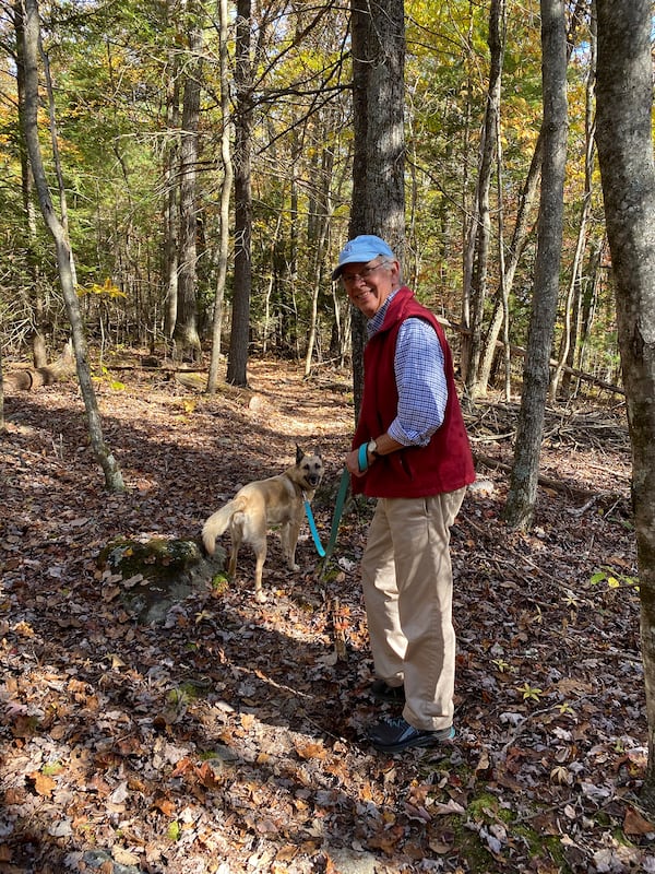 Writer Doug Cumming hikes toward Whetstone Ridge with his dog, Junie Moon, in Rockbridge County, Virginia.
Courtesy of Doug Cumming