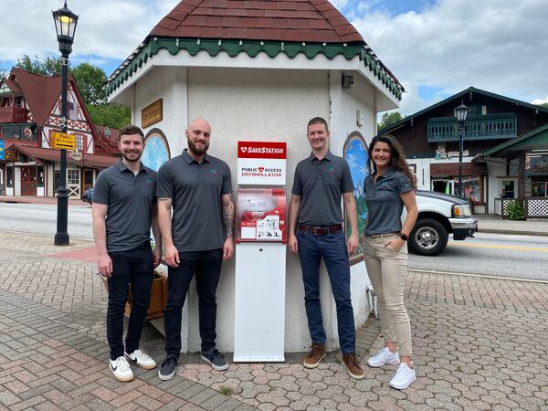 Pictured left to right are the group's founding members Tyler Richie, Rex Burch, Chris Griesser, and Sara Lezcano. Their nonprofit is working to try to increase the survival rate from sudden cardiac arrest by putting defibrillators out in the community in Georgia and Florida. Courtesy of Student Docs for Shocks.