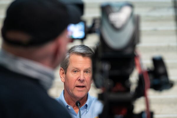 Gov. Brian Kemp gives remarks and answers questions during a press conference Wednesday afternoon, April 8, 2020, at the Georgia Capitol. The governor announced that he is extending the coronavirus shelter-in-place order through April. (Ben@BenGray.com for the Atlanta Journal-Constitution)