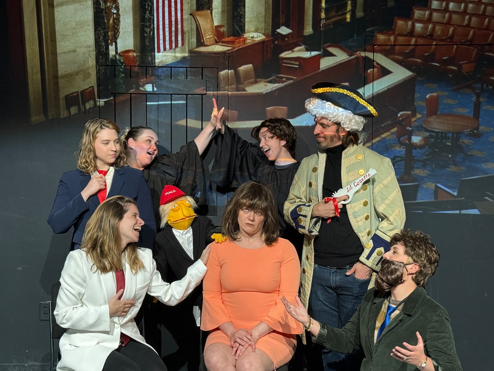 The almost full cast of Les MisAmerica. Clockwise from bottom left: Rachel Garbus-Benítez, Caroline Steed, Stevie Roe, Katie Wickline, Phil Brankin, Maurie Speed, Kirsten Krehbiel and Puppet Trump.