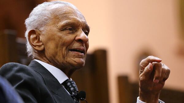 Dr. C.T. Vivian speaks while Chick-fil-A Peach Bowl participants from Alabama and Washington football teams tour the Martin Luther King Jr. National Historic Site and hear first-hand accounts from Civil Rights leaders at the Historic Ebenezer Baptist Church on Tuesday, Dec. 27, 2016, in Atlanta.