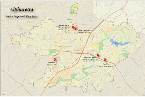 This is a May 20, 2019 map of smoke shops in Alpharetta that sell vape products. (Courtesy city of Alpharetta)