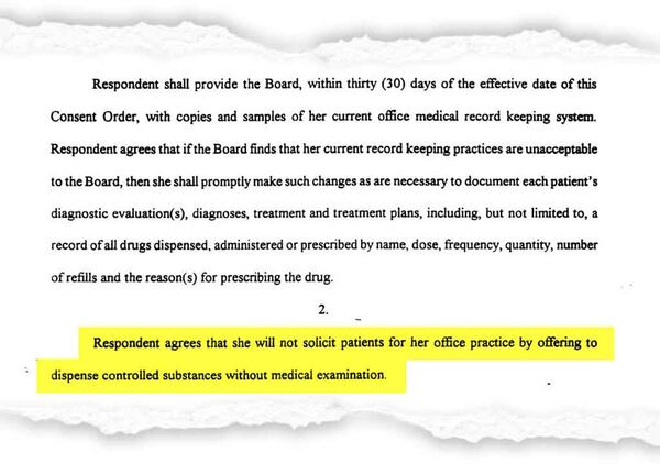 In 1999, after the Georgia Composite Medical Board alleged that Dr. Jan McBarron prescribed a thyroid drug for weight loss without evidence of an exam, she agreed to an order that required her to document her diagnosis, treatment plan and drugs dispensed.