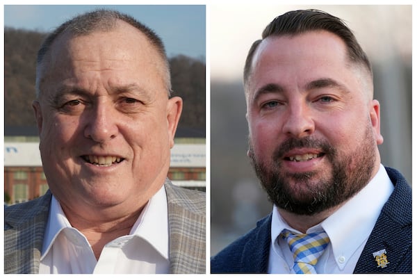 This combo of phots shows Republican state Rep. candidate Chuck Davis left, on Friday, March 14, 2025, in Clairton, Pa.; and Democrat state Rep. candidate Dan Goughnour in McKeesport, Pa., on Thursday, March 13, 2025. (AP Photo/Gene J. Puskar)