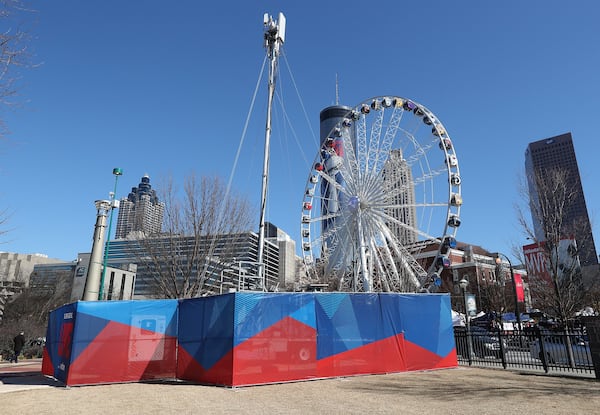 Jan. 31, 2019 Atlanta: A Verizon cell COW surrounded by a fence sits outside Super Bowl Live in Centennial Olympic Park on Thursday, Jan. 31, 2019, in Atlanta. A cell on wheels (COW) is a portable mobile cellular site that provides temporary network and wireless coverage to locations where cellular coverage is minimal or compromised. Curtis Compton/ccompton@ajc.com