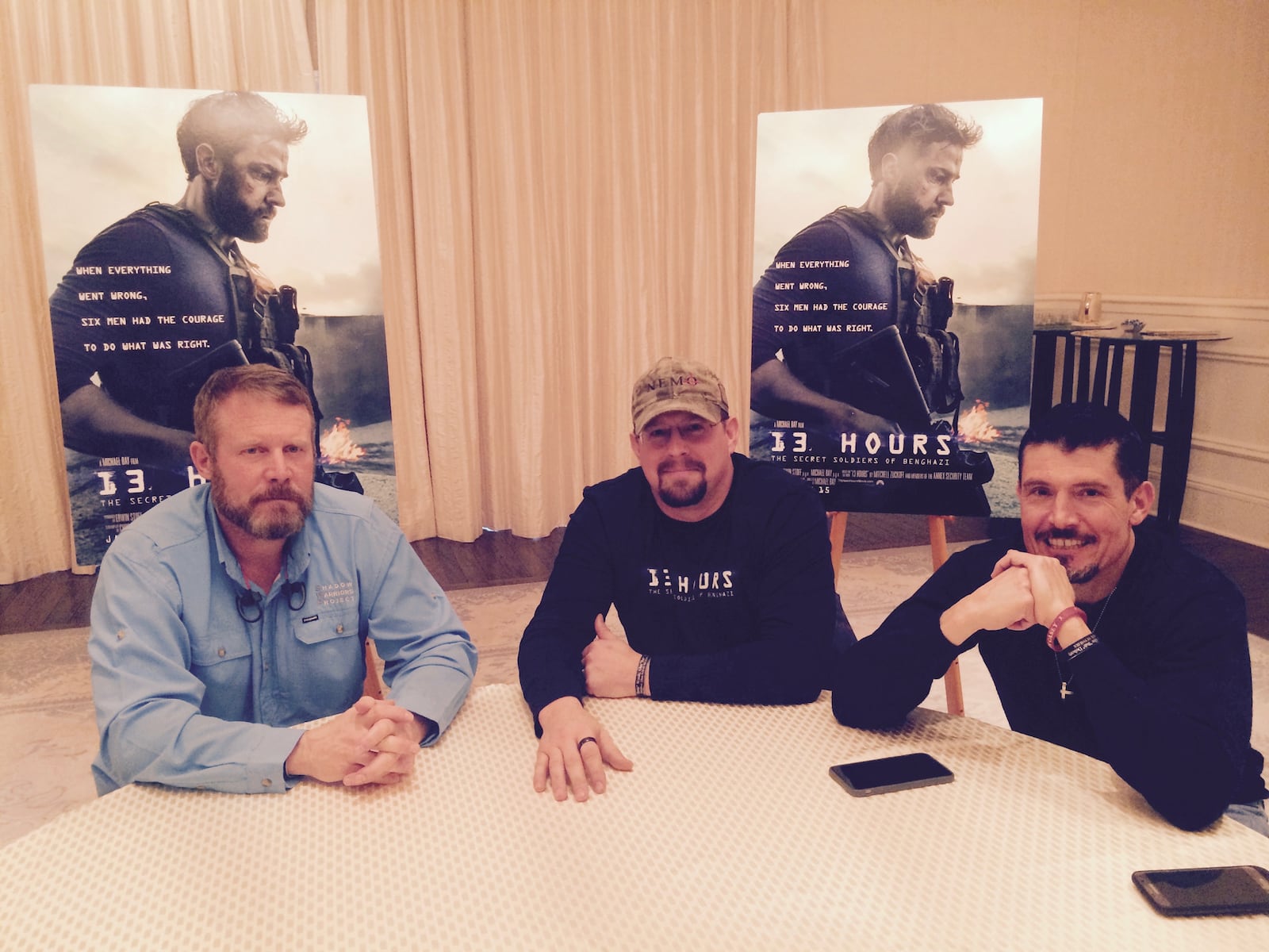 Mark "Oz" Geist, from left, John "Tig" Tiegen, and Kris "Tanto" Paronto during an interview at the St. Regis Atlanta when "13 Hours" was released. Photo: Jennifer Brett