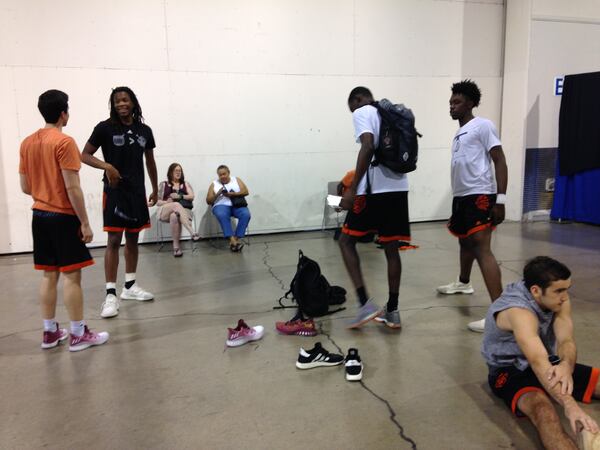 Game Elite players wait before their AAU game last Friday night at the Cashman Center in Las Vegas.