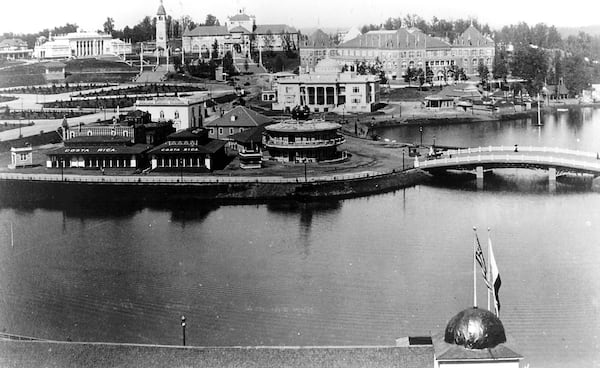 ATLANTA, GA -- 1895 - At the Cotton States and International Exposition: Lake Clara Meer and exhibition halls. An original photograph by Frederick L. Howe.