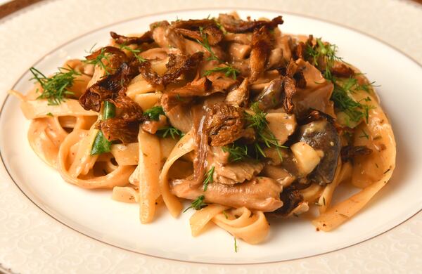 Vegan Rainbow Mushroom Stroganoff, using a combination of oyster mushrooms, was created by Rena Williams, daughter of Shannon Williams of Noble Fungi Farm. Shannon Williams, a UPS retiree, became interested in the health benefits of mushrooms. (Styling by Rena Williams / Chris Hunt for the AJC) 