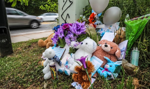 May 3, 2021 Atlanta: A growing memorial is seen for 15-year old  Diamond Johnson who was shot and killed over the weekend near the Glenwood Park shopping plaza. (John Spink / John.Spink@ajc.com)

