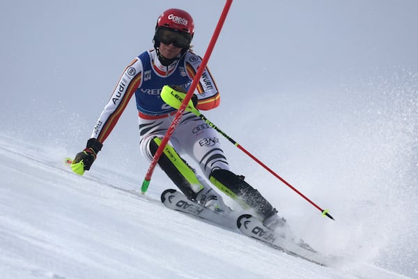 Germany's Lena Duerr speeds down the course during an alpine ski, women's World Cup slalom, in Levi, Finland, Saturday, Nov. 16, 2024. (AP Photo/Marco Trovati)