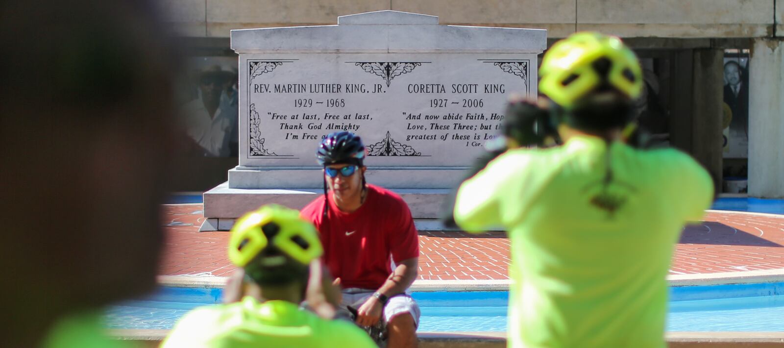  Riders with G.P.S. (Group Pedaling and Siteseeing) from Lithonia joined visitors and guests at the The King Center) on Auburn Avenue in Atlanta.  JOHN SPINK /JSPINK@AJC.COM