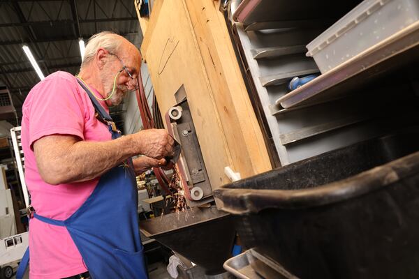 07-01-2021 Geoff Edges owner of The Blade-Smith in Atlanta, GA at work in his shop. Edges offers on-site sharpening services and has been in the business for over 35 years.