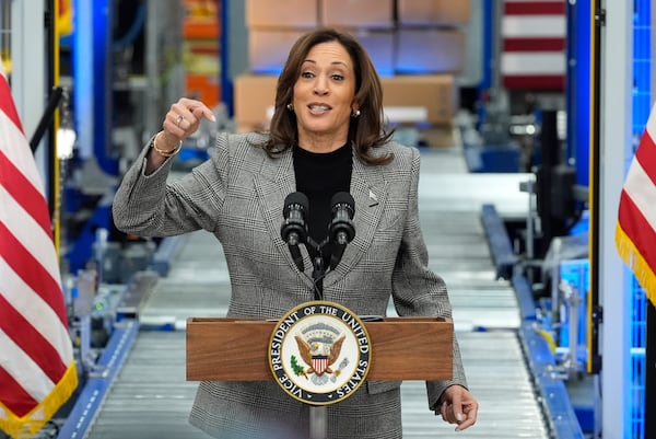 Democratic presidential nominee Vice President Kamala Harris speaks after taking a tour of the Hemlock Semiconductor Next-Generation Finishing facility in Hemlock, Mich., Monday, Oct. 28, 2024. (AP Photo/Jacquelyn Martin)