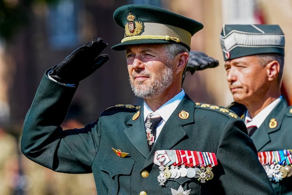 FILE - Denmark's King Frederik X presents the King's Watch during the Anniversary Parade at the Royal Life Guards at the Life Guard Barracks in Copenhagen, Thursday, June 27, 2024. (Ida Marie Odgaard/Ritzau Scanpix via AP, File)