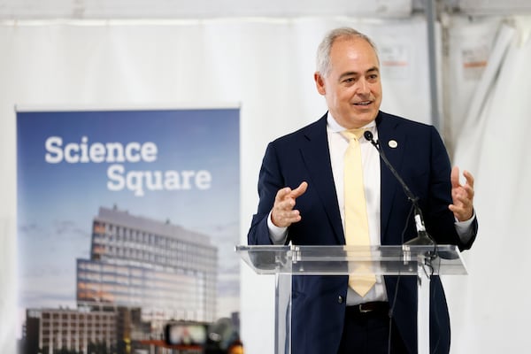 Georgia Tech President Ángel Cabrera addresses the crowd during the groundbreaking of the Science Square on Thursday, Aug. 18, 2022. Science Square is a development by Trammell Crow Co., High Street Residential and Georgia Tech. The development will have nearly 365,000 square feet of lab and office space across 13 stories. (Miguel Martinez/AJC)