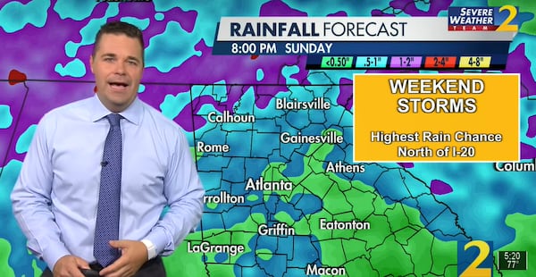 Rainfall accumulation this weekend will be highest north of I-20, according to Channel 2 Action News meteorologist Brian Monahan.