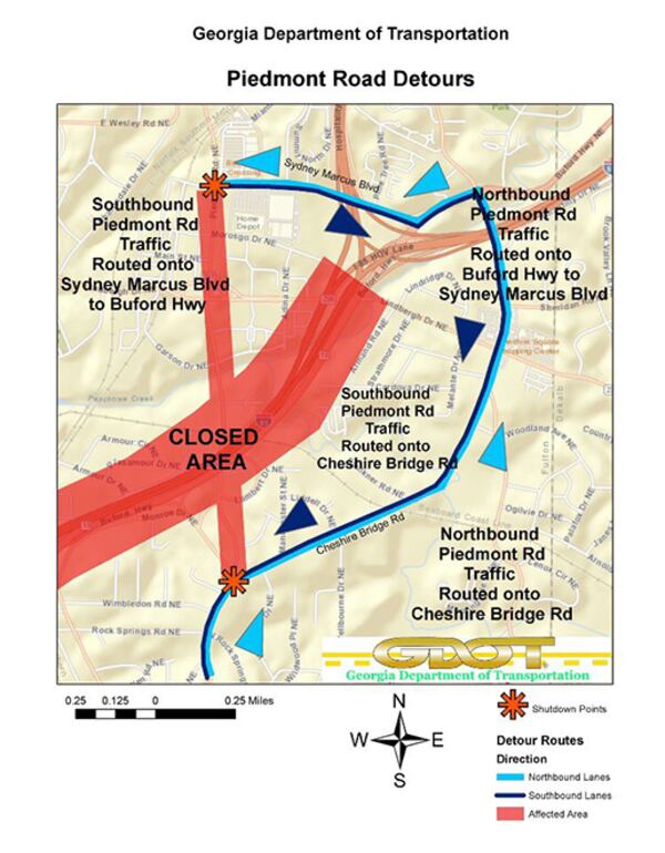 Map from the Georgia Department of  Transportation highlighting the roads affected by the I-85 collapse in Midtown Atlanta.