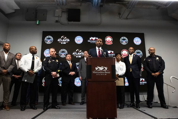 Atlanta Mayor Andre Dickens speaks during a news conference at Mercedes-Benz Stadium on Tuesday, January 14, 2025.