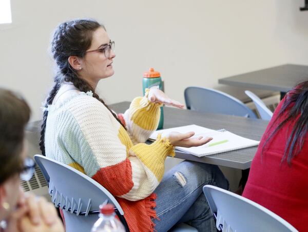 Aubrey Cagle asks a question during the class where former Gov. Nathan Deal was lecturing Thursday, Oct. 17, 2019. The class, called “Road to Congress,” is at the University of North Georgia in Dahlonega. The state’s Board of Regents approved a proposal earlier this year to make the governor a professor teaching law and politics. 